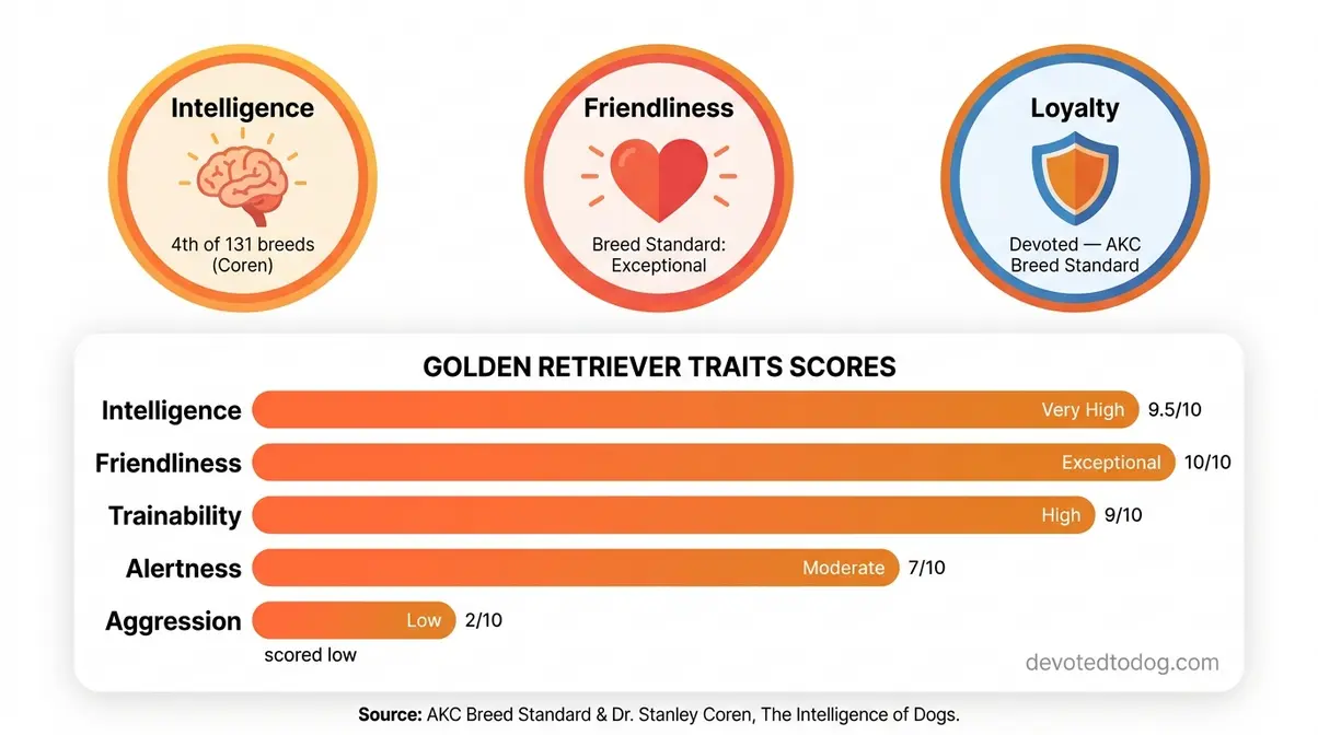 Golden Retriever personality traits infographic showing intelligence ranked fourth of 131 breeds, high friendliness, and exceptional loyalty scores