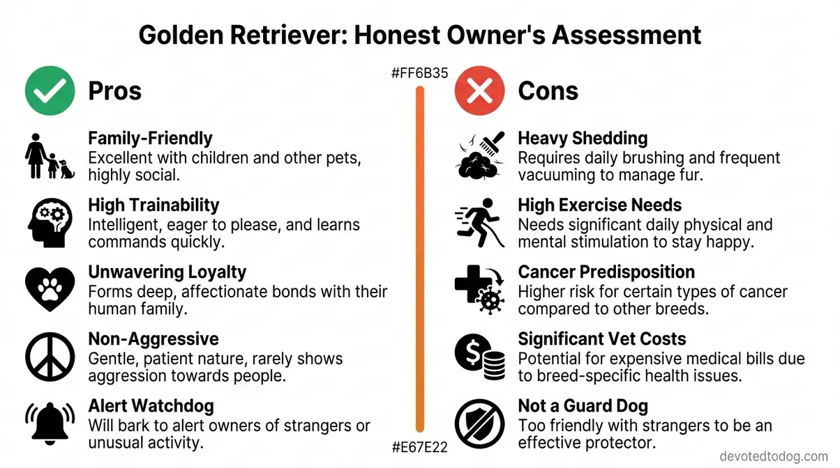 Golden Retriever pros and cons infographic comparing family friendliness and watchdog ability against shedding, exercise needs, and cancer health risks