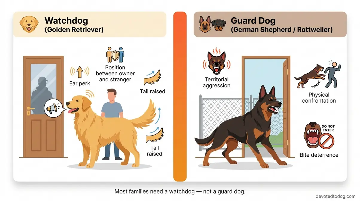 Golden Retriever watchdog versus guard dog behavior comparison infographic showing alert barking and physical confrontation differences