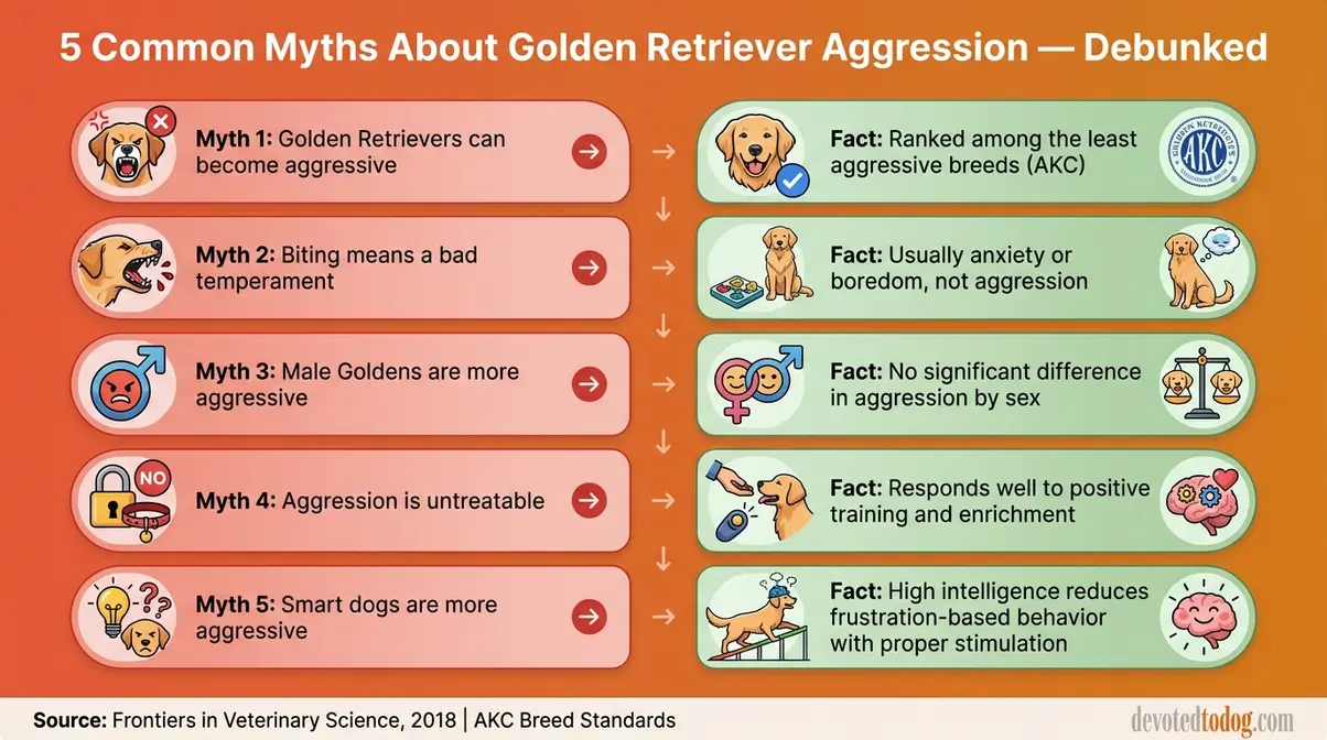 Illustrated guide debunking golden retriever aggression myths with facts from veterinary sources