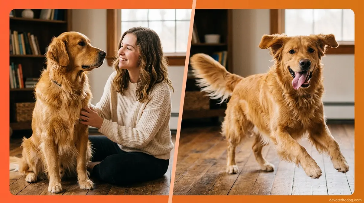 Golden retriever showing both intelligent attentive behavior and goofy playful zoomie energy side by side