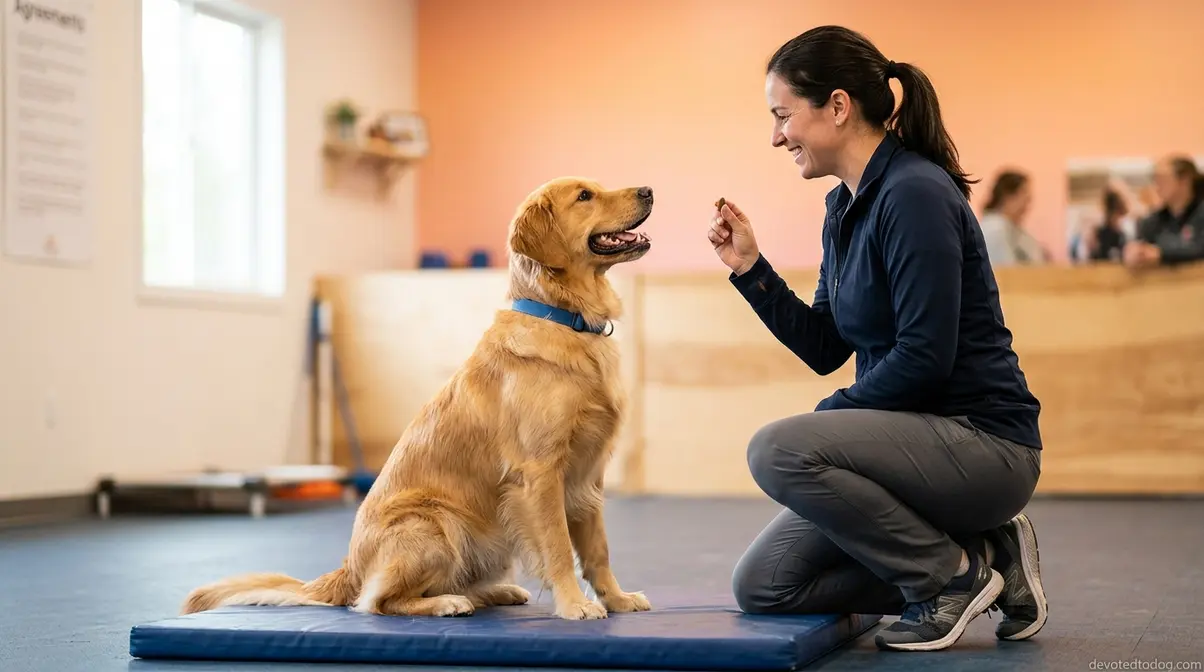 Golden retriever in positive reinforcement training session sitting attentively for treat reward