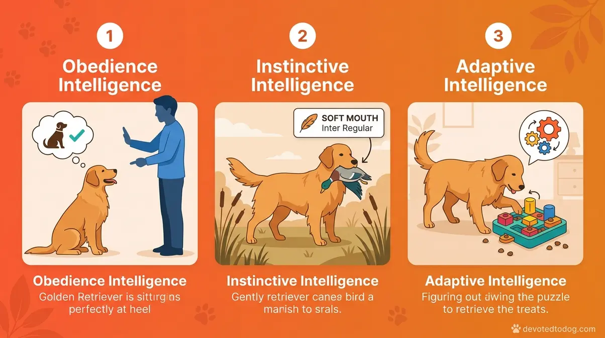 Three types of golden retriever intelligence, obedience instinctive and adaptive illustrated diagram