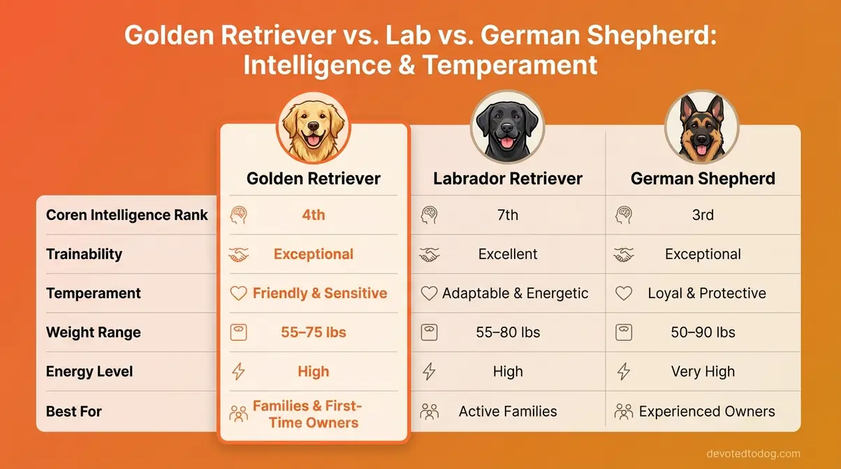 Comparison chart showing golden retriever vs labrador vs german shepherd intelligence ranking and key traits