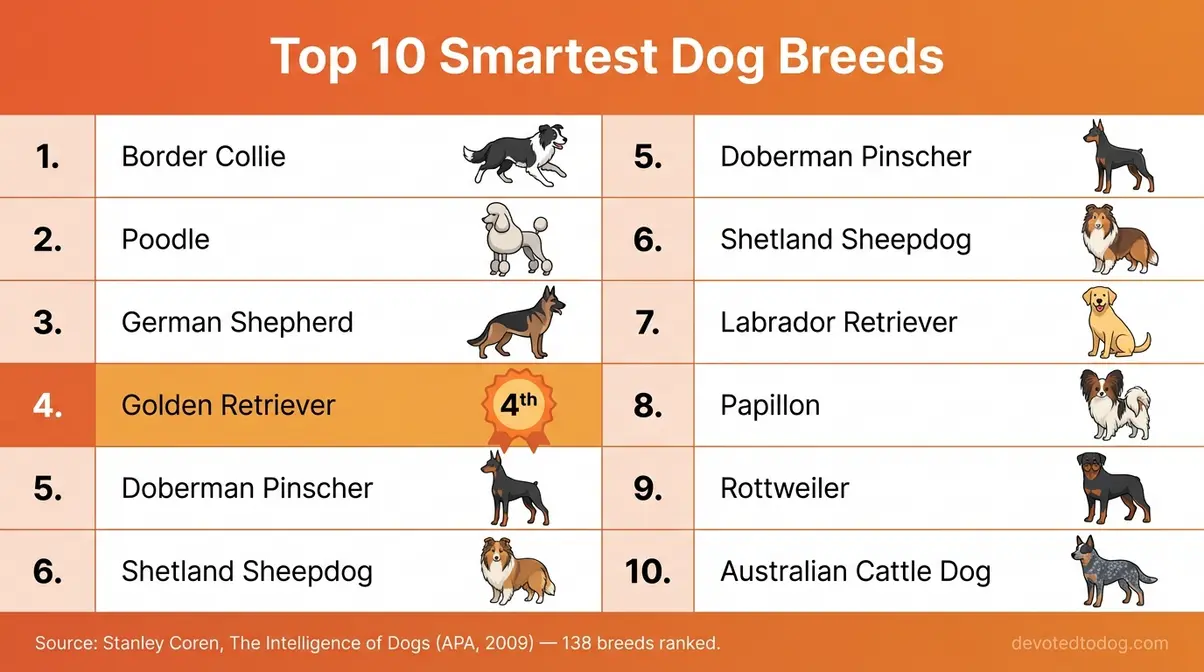 Golden retriever intelligence ranking chart showing 4th place out of 138 dog breeds by Stanley Coren