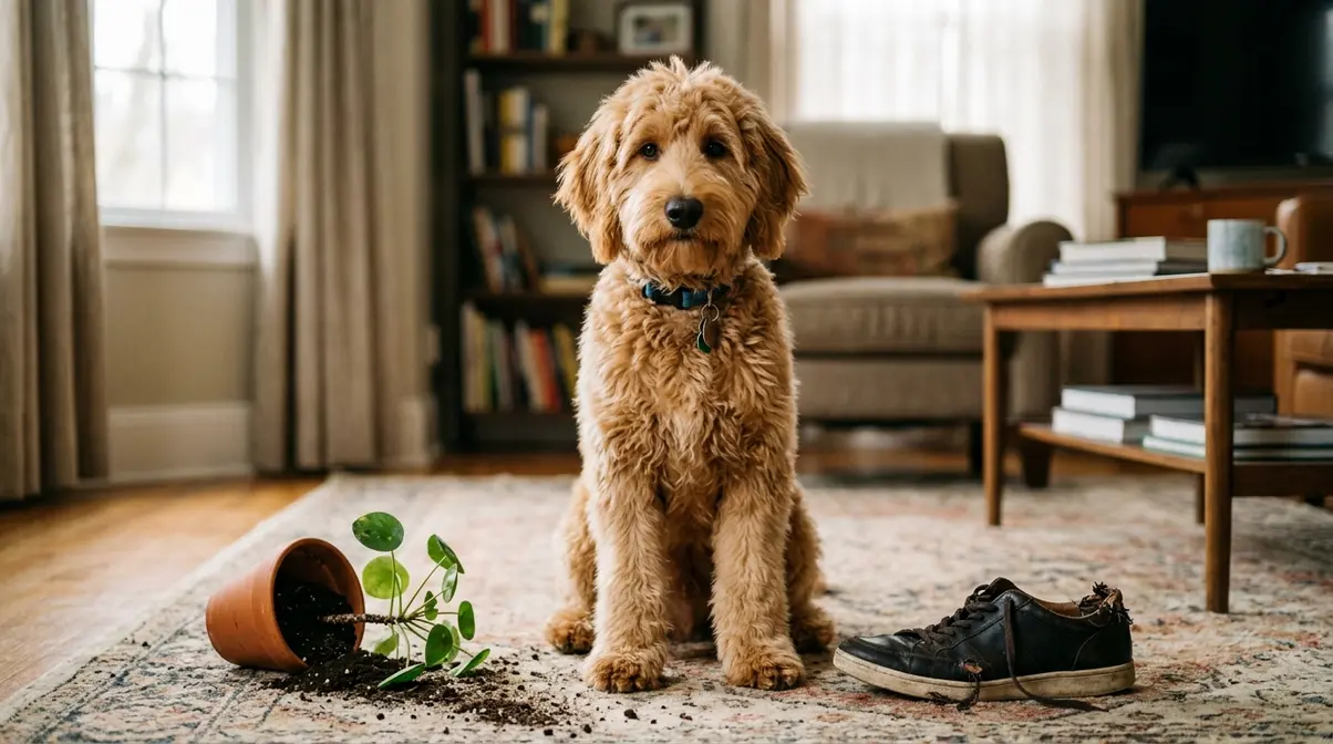 Bored Goldendoodle sitting next to chewed shoe illustrating destructive behavior from lack of mental stimulation