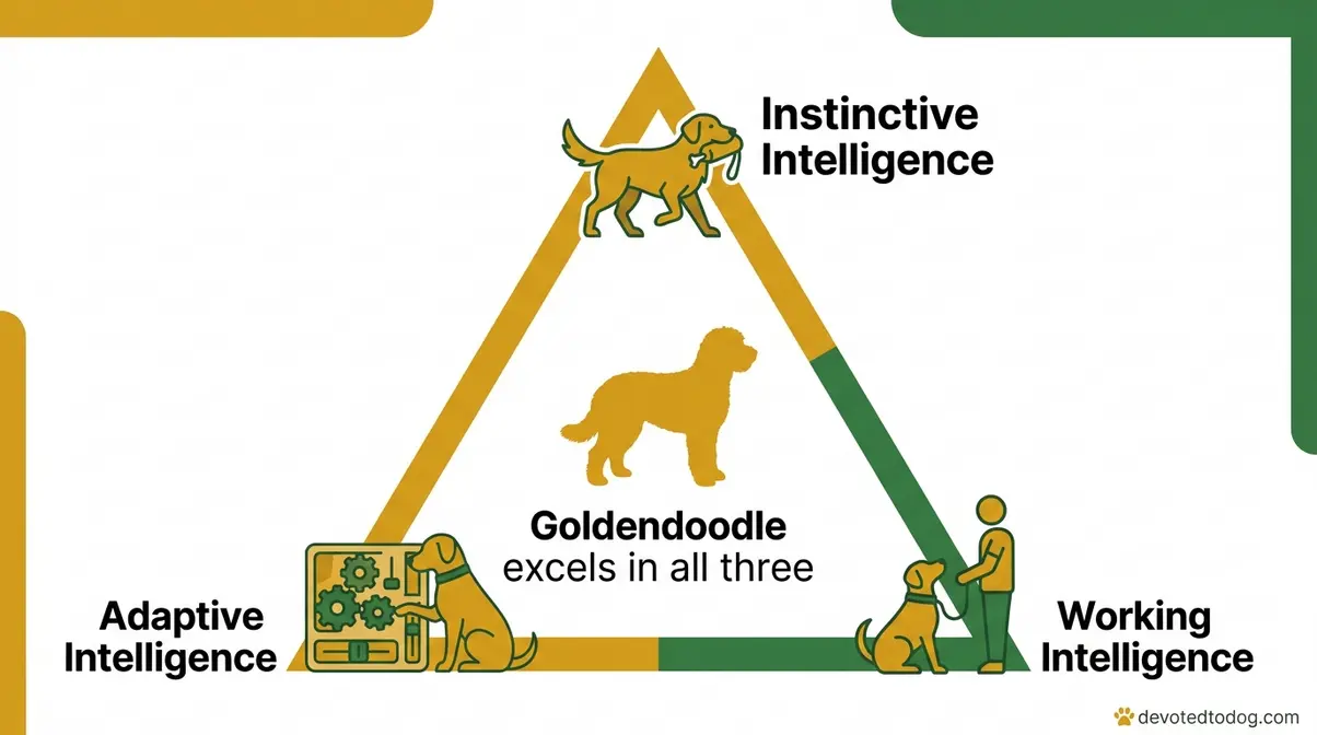 Three types of dog intelligence triangle diagram showing instinctive, adaptive, and working intelligence with Goldendoodle at center