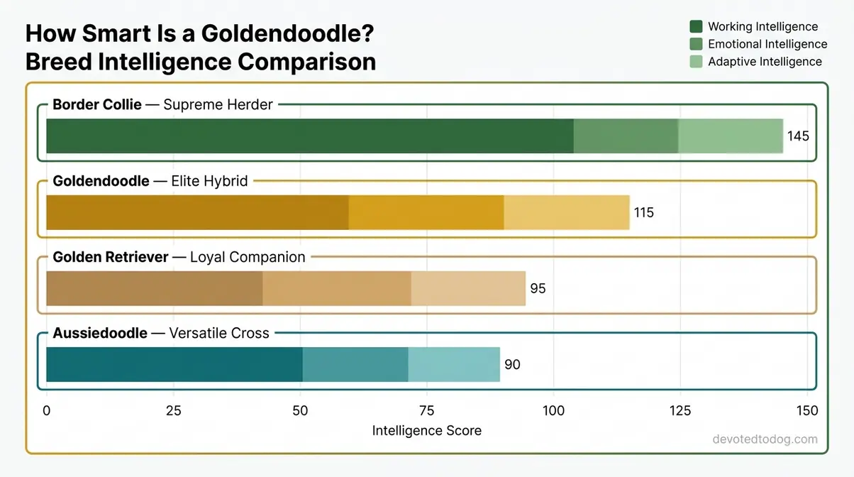 Infographic comparing Goldendoodle intelligence to Golden Retriever, Aussiedoodle, and Border Collie on a visual scale