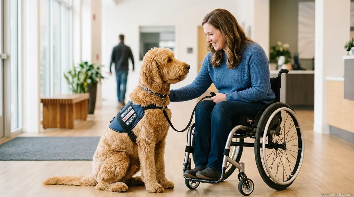 Goldendoodle service dog demonstrating emotional intelligence and intelligent disobedience beside handler in wheelchair