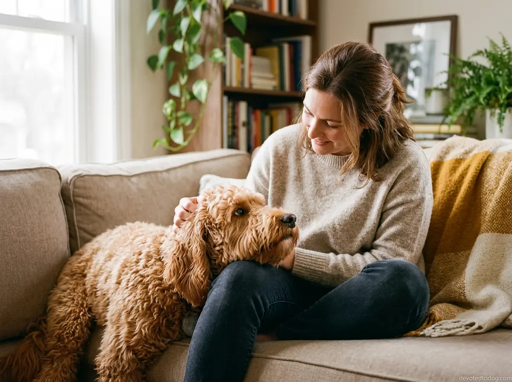 Goldendoodle resting head on owner's lap demonstrating emotional intelligence and deep family bond