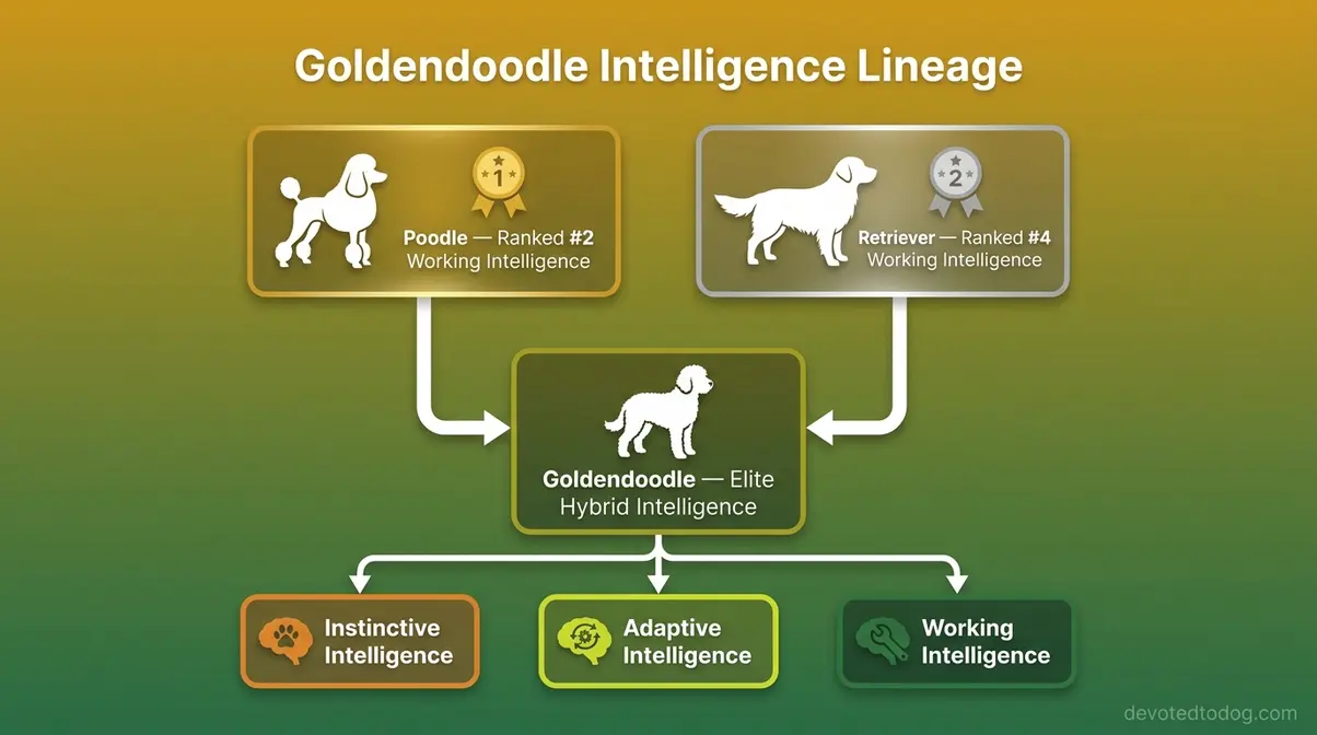 Goldendoodle intelligence lineage chart showing Poodle ranked second and Golden Retriever ranked fourth as parent breeds