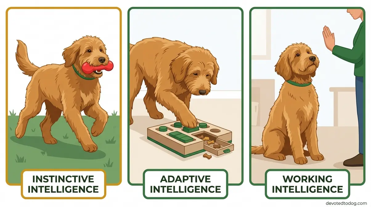 Three types of Goldendoodle intelligence — instinctive, adaptive, and working — shown in everyday scenarios