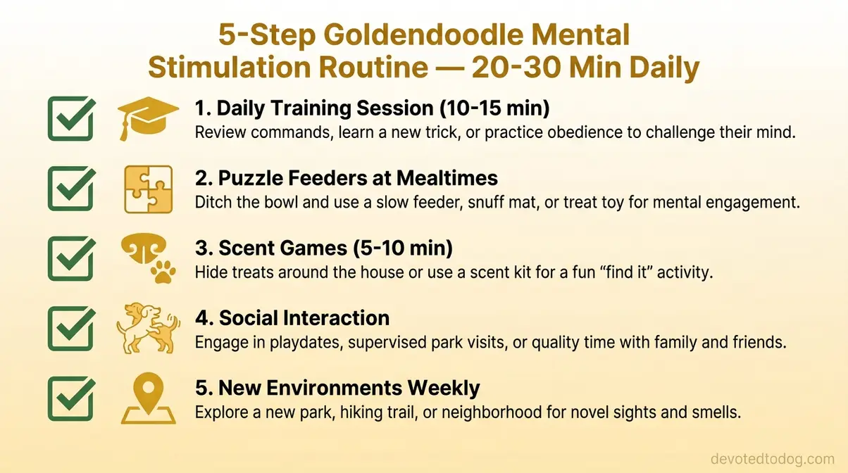 Five-step mental stimulation checklist for Goldendoodles showing daily training, puzzle feeders, scent games, social interaction, and new environments