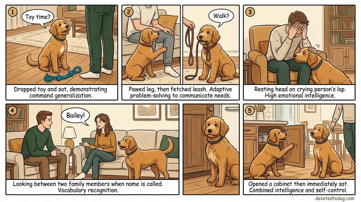 Five real-world Goldendoodle intelligence examples showing command generalization, problem-solving, emotional awareness, vocabulary, and adaptive behavior