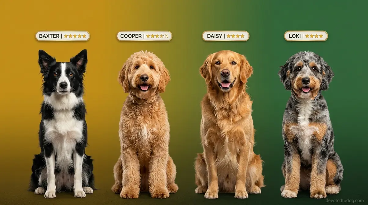 Goldendoodle compared to Border Collie, Golden Retriever, and Aussiedoodle in a smart breed intelligence lineup