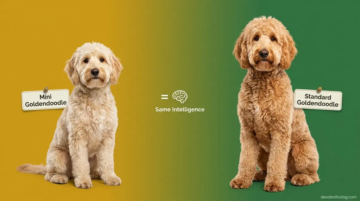 Mini and standard Goldendoodle sitting side by side showing equal intelligence regardless of size