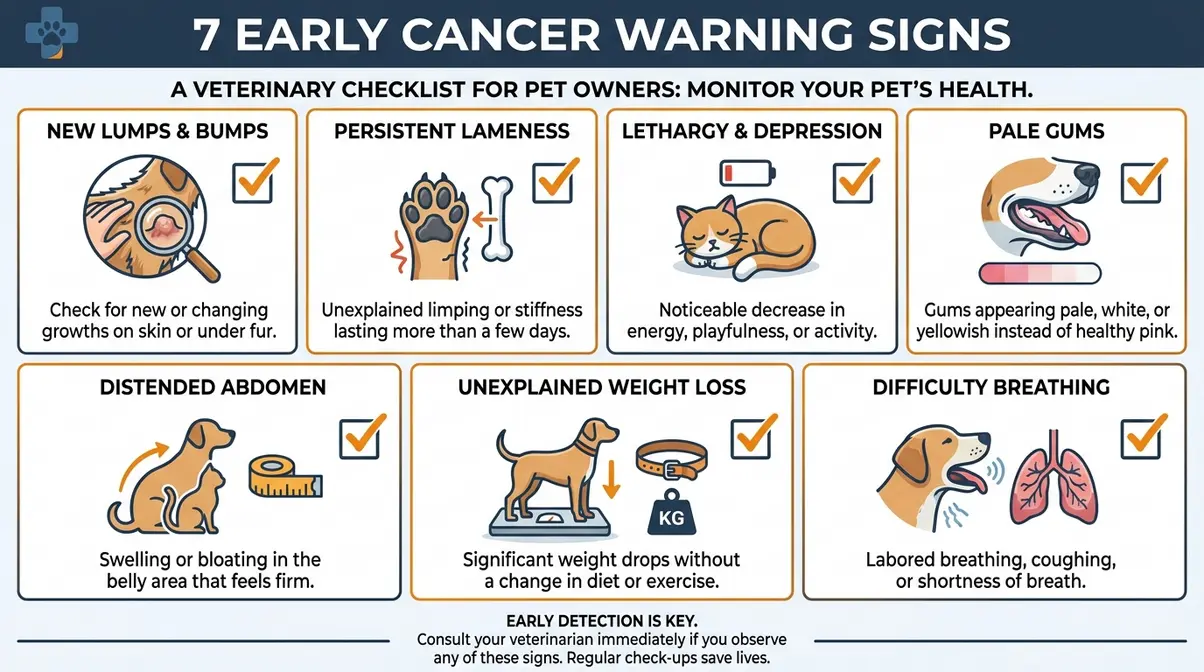 Visual checklist of seven cancer warning signs in Golden Retrievers including pale gums, lumps, lethargy, and abdominal swelling