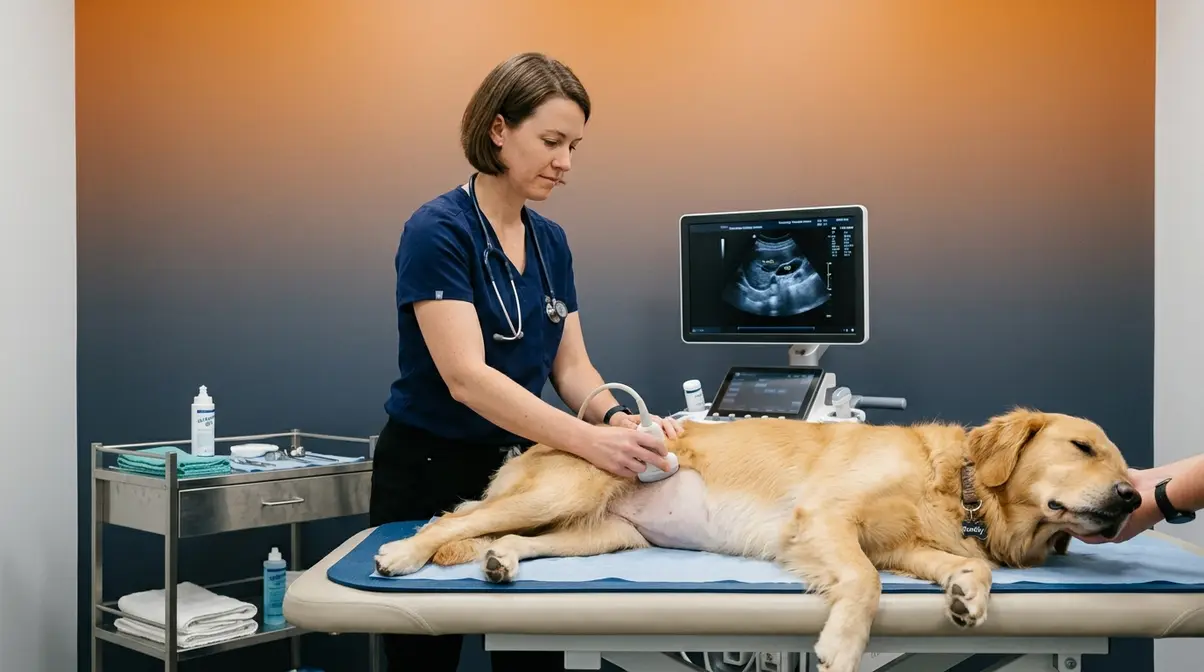 Veterinarian performing an abdominal ultrasound on a Golden Retriever for cancer screening