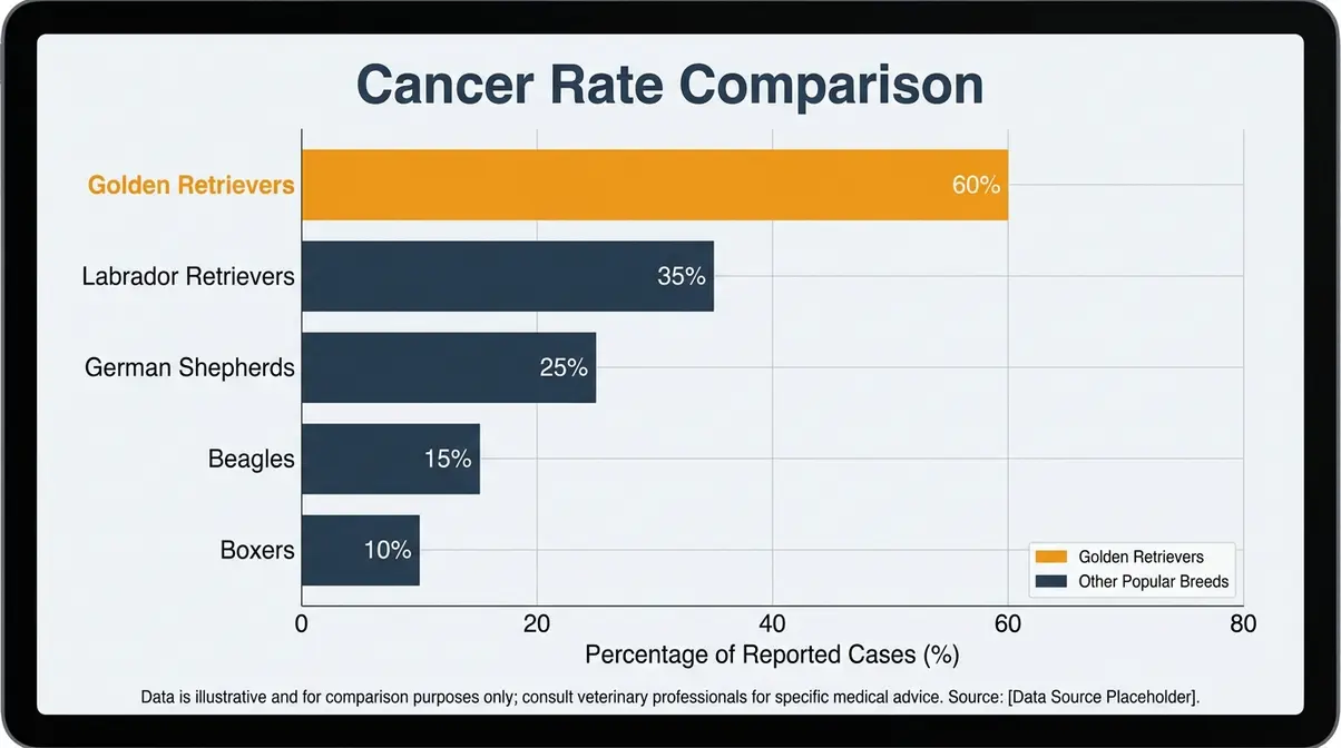 Bar chart comparing cancer mortality rates across dog breeds, showing Golden Retrievers at 60% versus average breed rates