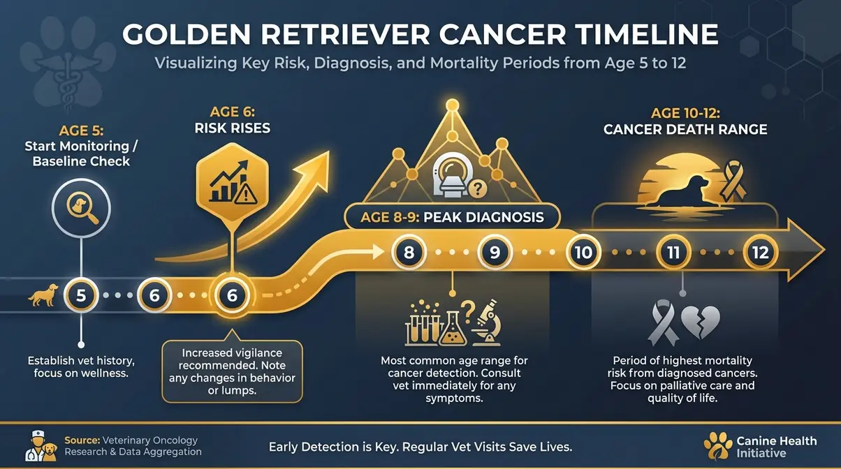 Golden Retriever cancer risk timeline showing rising incidence from age 6, peak diagnosis window ages 8-9, and cancer death range ages 10-12