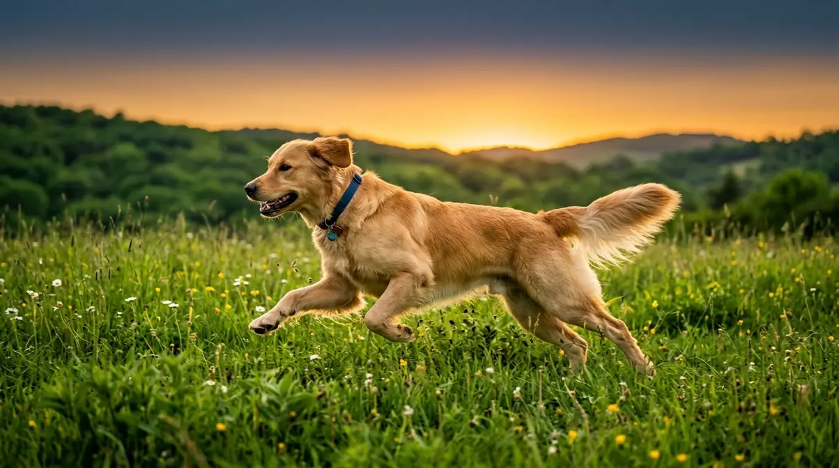 Healthy lean Golden Retriever running actively in a clean green field