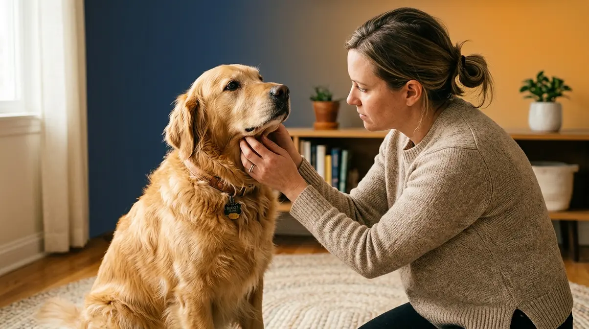 Dog owner gently checking Golden Retriever