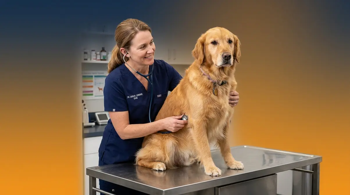 Veterinarian examining a mature Golden Retriever during an annual wellness check