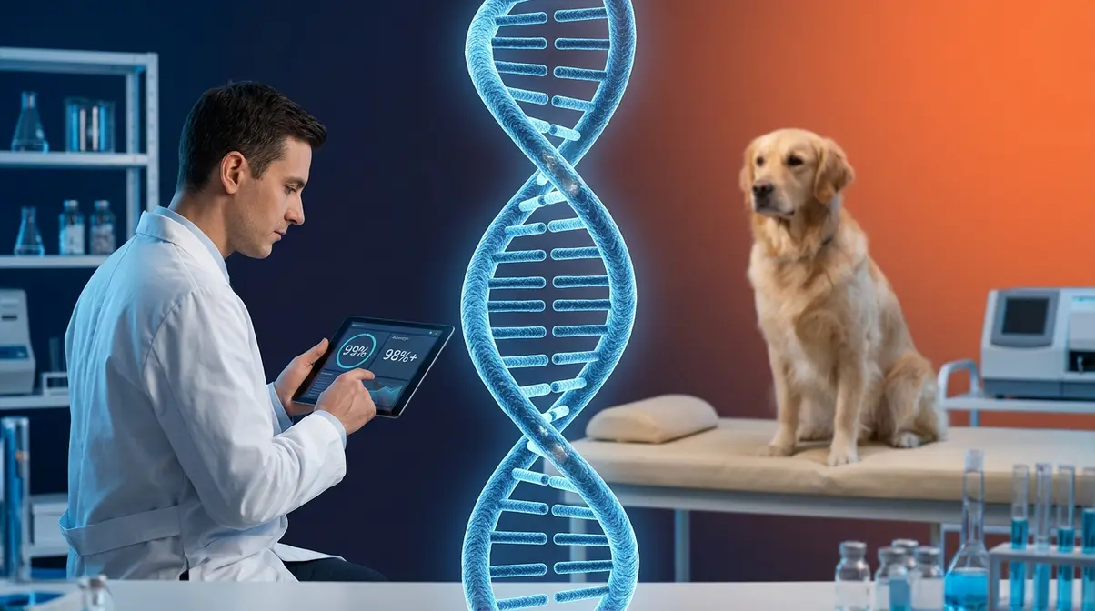 Scientist reviewing dog DNA test accuracy data with a Golden Retriever in a veterinary laboratory setting