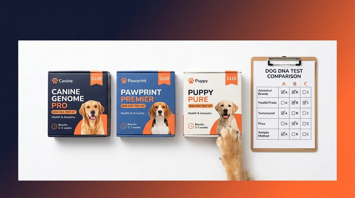 Three top dog DNA test kits arranged for comparison showing price and feature differences