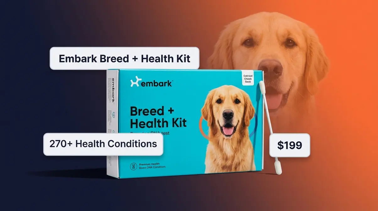 Embark Breed Health Kit dog DNA test box showing breed identification and health screening features