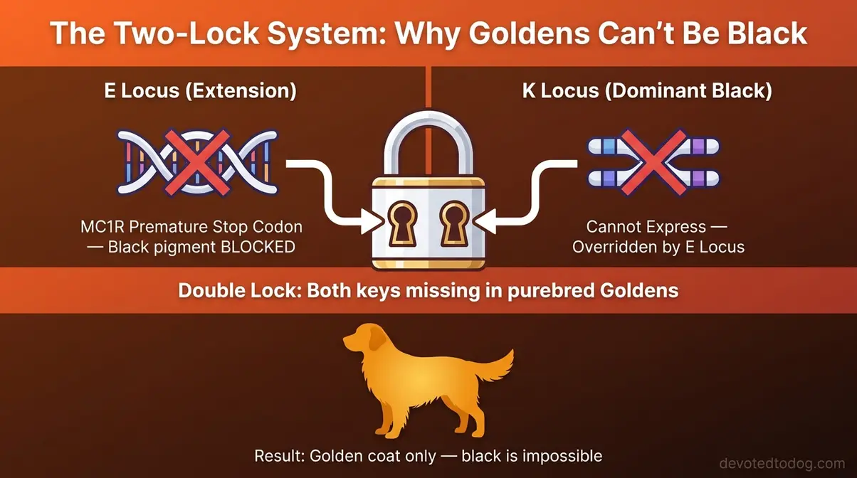 Diagram showing E locus and K locus genetic pathways blocking black coat in Golden Retrievers