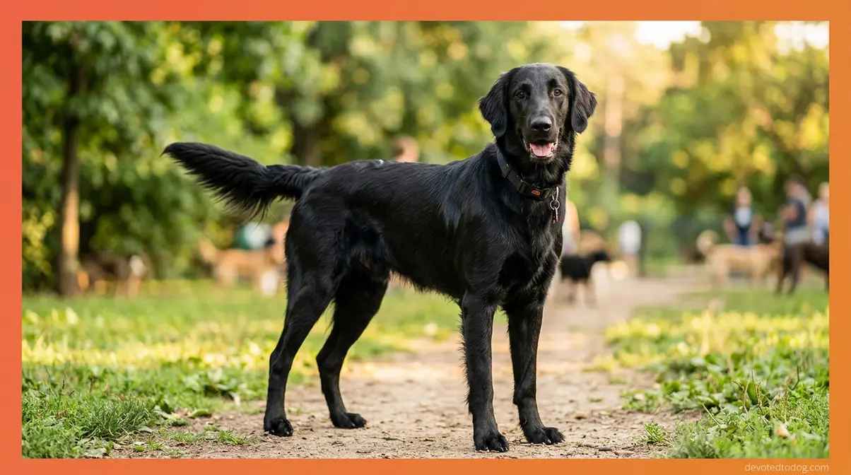 Flat-Coated Retriever black dog at park, the most common black golden retriever lookalike breed