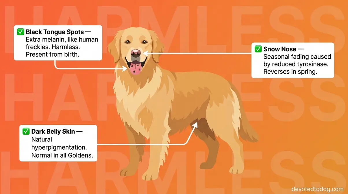 Annotated Golden Retriever illustration showing normal black tongue spots, belly skin, and nose pigmentation