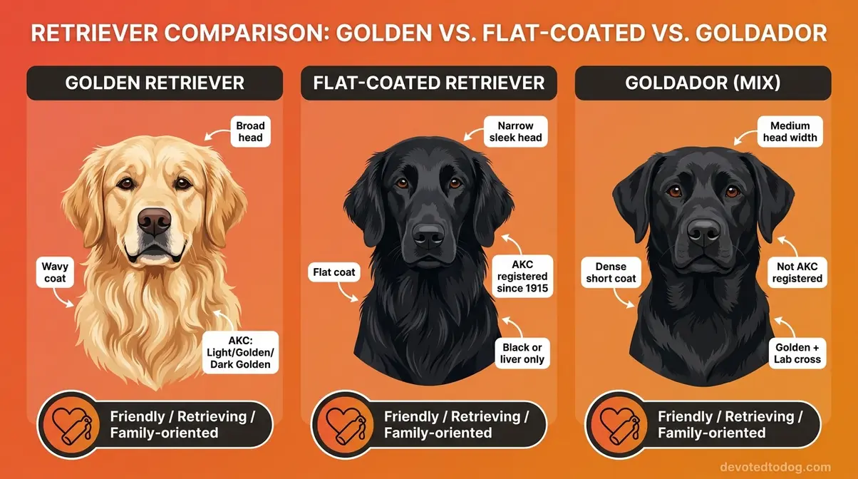 Side-by-side comparison of Flat-Coated Retriever, Goldador, and Golden Retriever head shape and coat differences