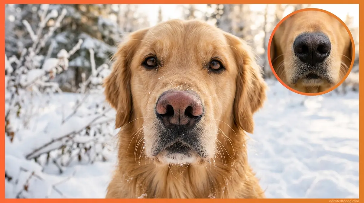 Golden Retriever snow nose showing seasonal fading from black to pink in winter months