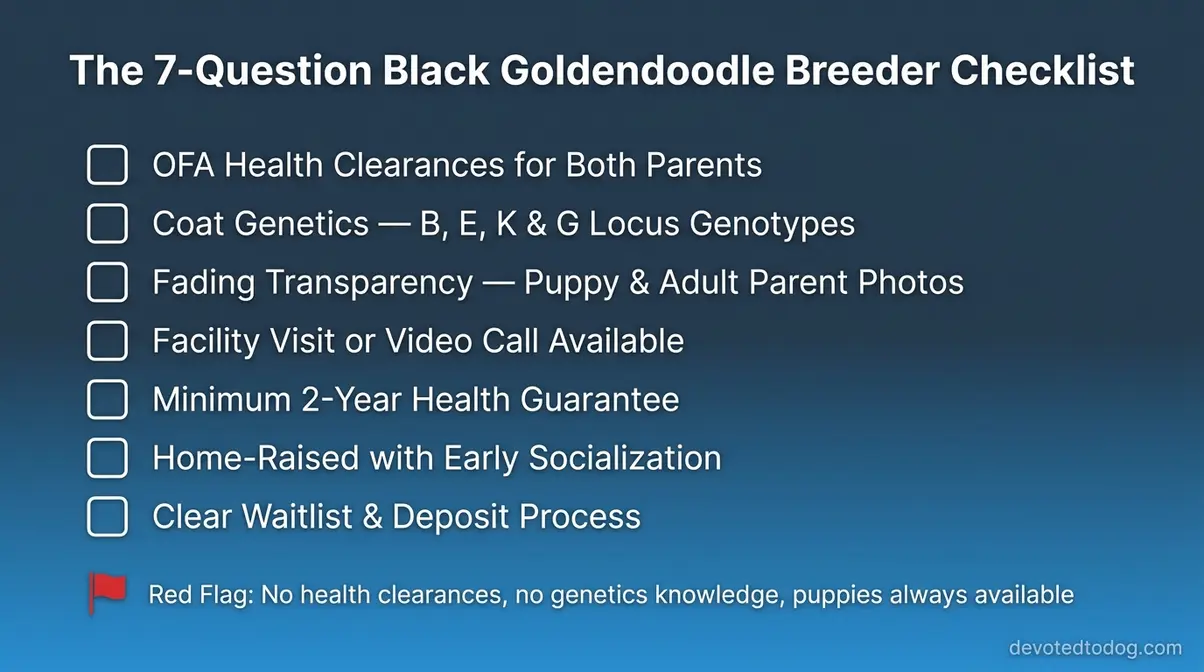 Illustrated checklist of seven questions to ask a black Goldendoodle breeder before purchasing a puppy