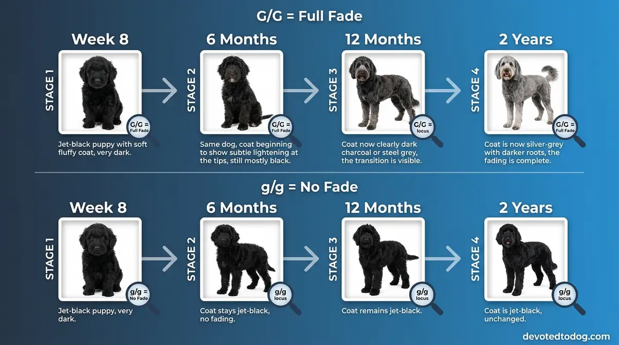 Timeline infographic showing black Goldendoodle coat fading from jet-black puppy to silver-grey adult over two years