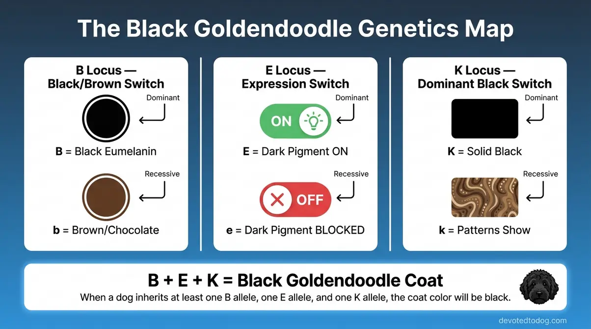 Infographic showing B E and K gene loci switches that combine to produce a black Goldendoodle coat