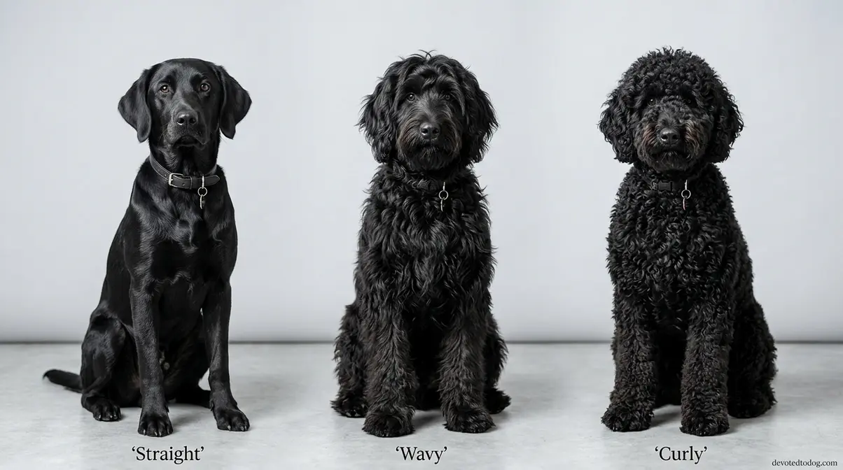 Three black Goldendoodles side by side showing straight wavy and curly coat texture differences