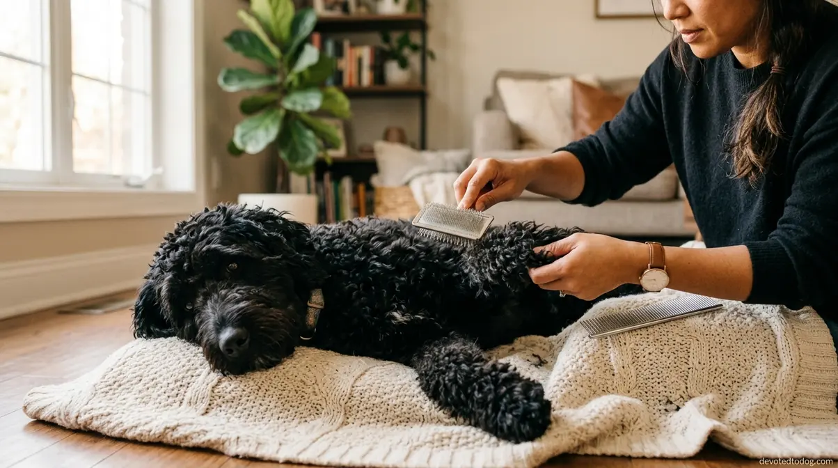 Owner brushing black Goldendoodle with slicker brush and metal comb during daily at-home grooming routine