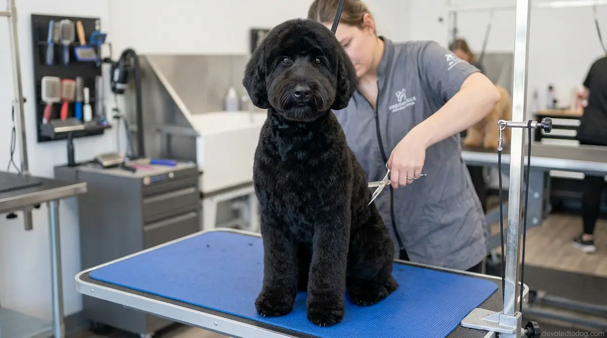 Black Goldendoodle freshly groomed in teddy bear cut style sitting on professional grooming table