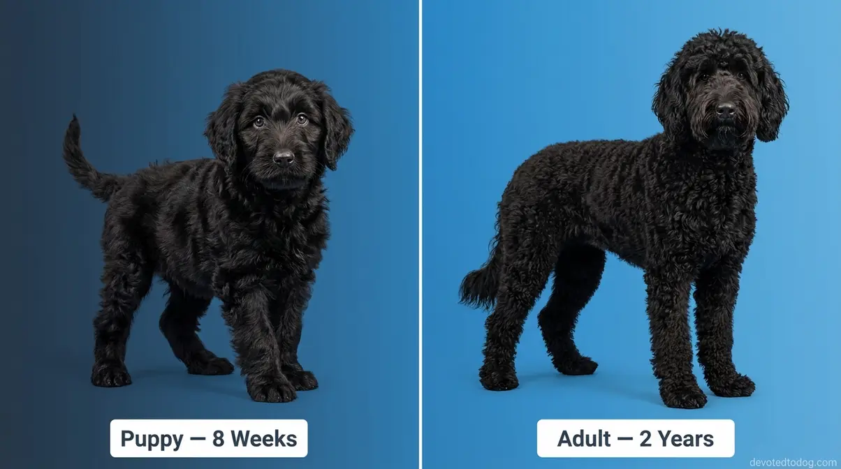 Black Goldendoodle puppy at eight weeks beside full-grown adult showing coat density difference