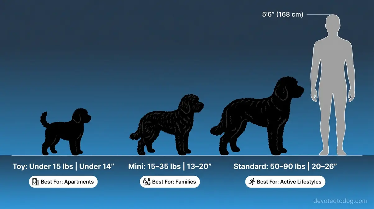 Infographic comparing Toy Mini and Standard black Goldendoodle sizes with weight and height ranges beside human silhouette