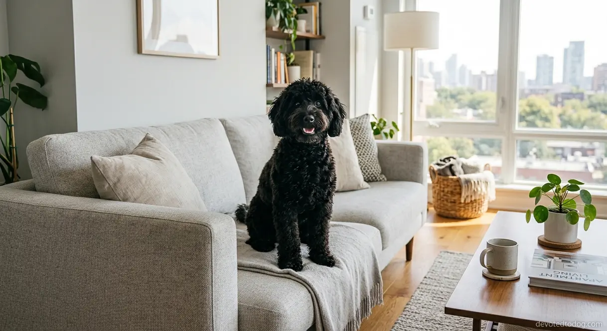 Mini black Goldendoodle sitting in modern apartment living room showing ideal size for smaller spaces