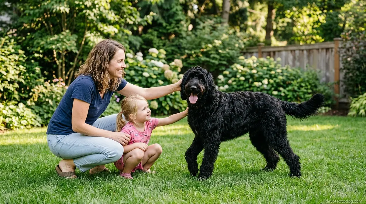 Black Goldendoodle playing with family in backyard showing friendly temperament and wavy coat