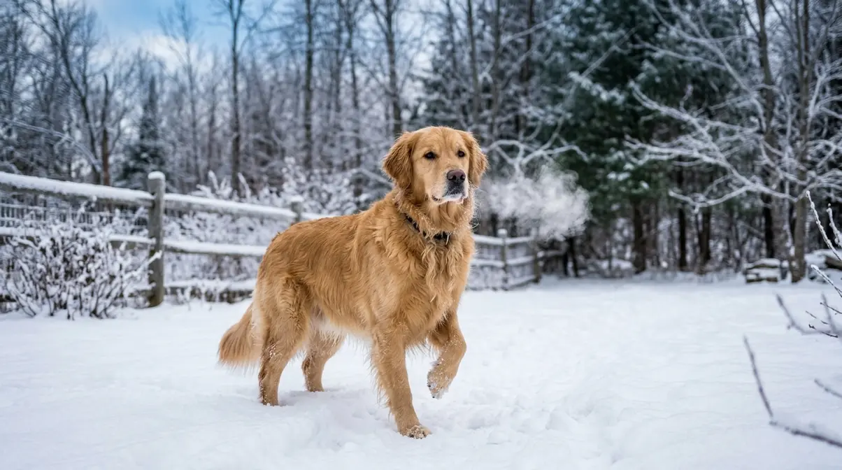 Golden Retriever standing in snow with lifted paw showing cold weather discomfort outdoors