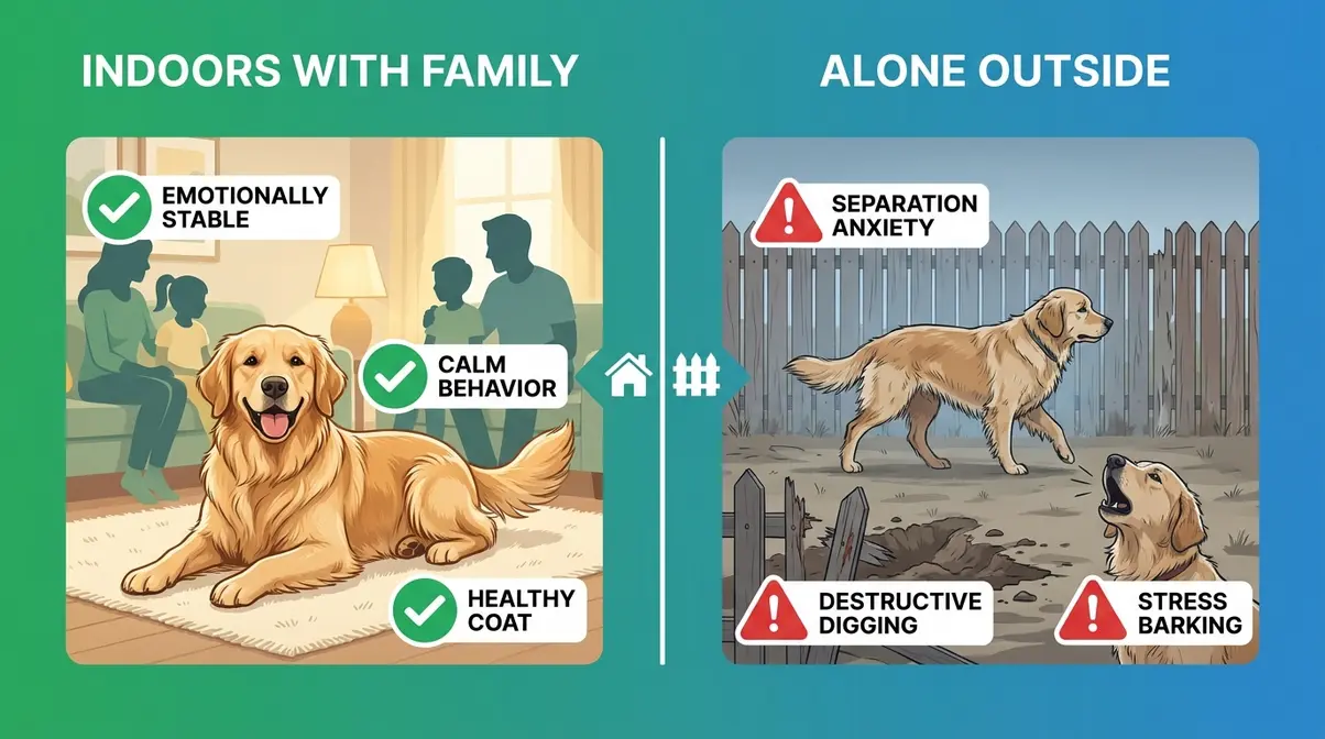 Infographic comparing golden retriever behavior indoors with family versus alone outside in yard