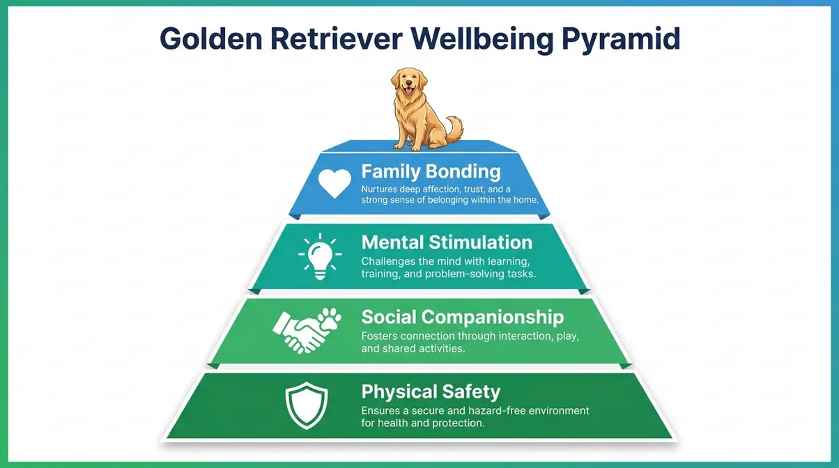 Pyramid diagram of golden retriever psychological needs from physical safety to family bonding