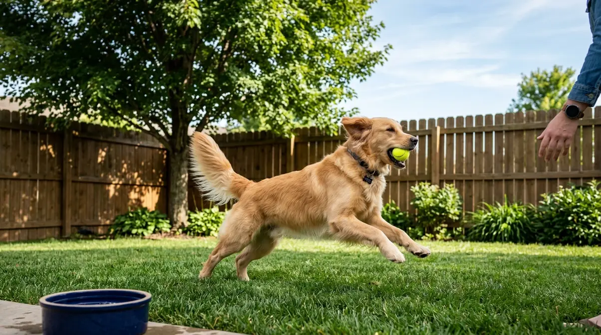 Golden Retriever playing fetch in fenced backyard with owner present during supervised outdoor time
