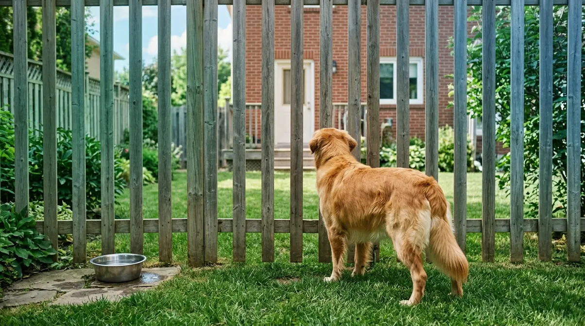 Golden Retriever alone in fenced yard showing separation anxiety looking toward house door